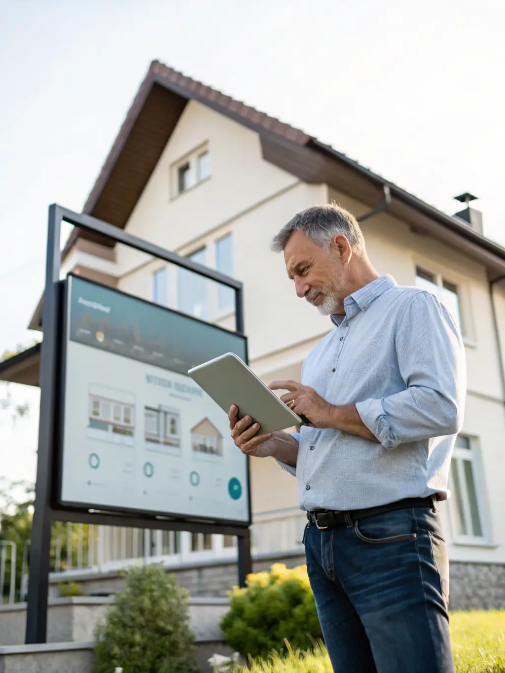 A professional analyst conducting on-site property inspection with a digital tablet, referencing data overlays and valuation charts, representing AYVRON's real estate valuation process.