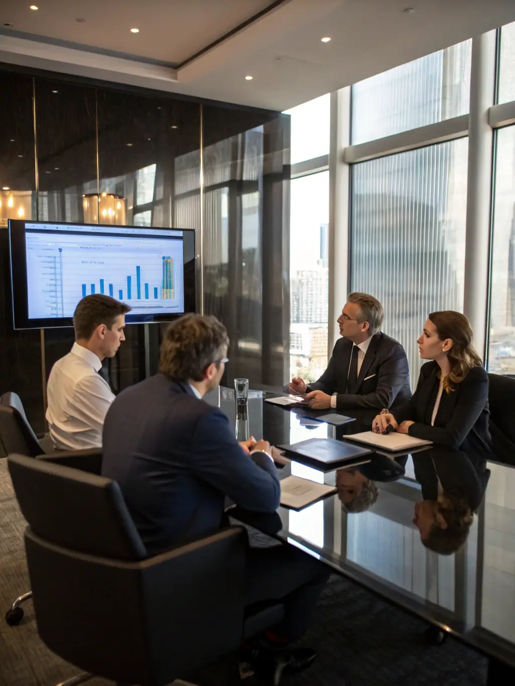 A business meeting scene where executives discuss a market research presentation, with infographics and regional market maps projected on a screen, highlighting collaborative decision-making.