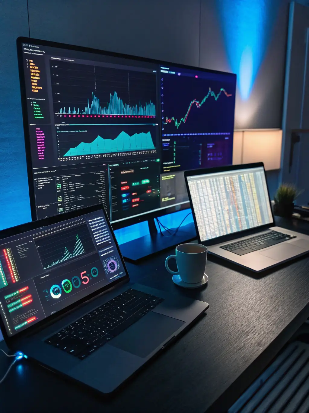 A data scientist visualizing complex proprietary datasets and algorithmic models on multiple monitors, representing AYVRON's unique data-driven methodologies.