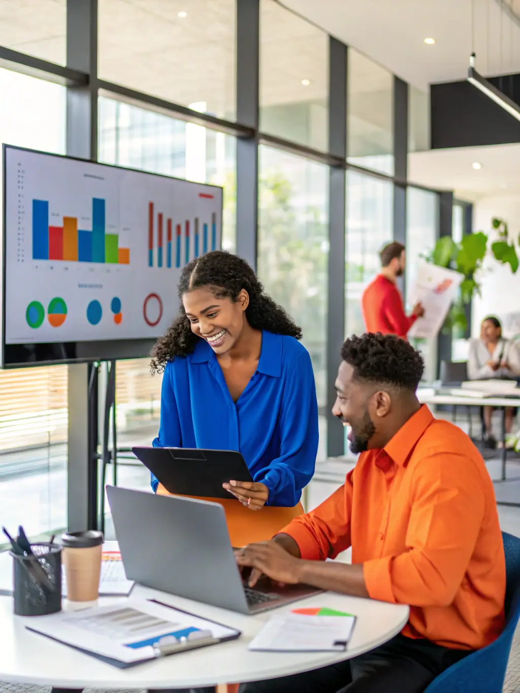 A modern office setting with analysts reviewing interactive market trend dashboards and regional data maps, illustrating AYVRON's market research and insights service.