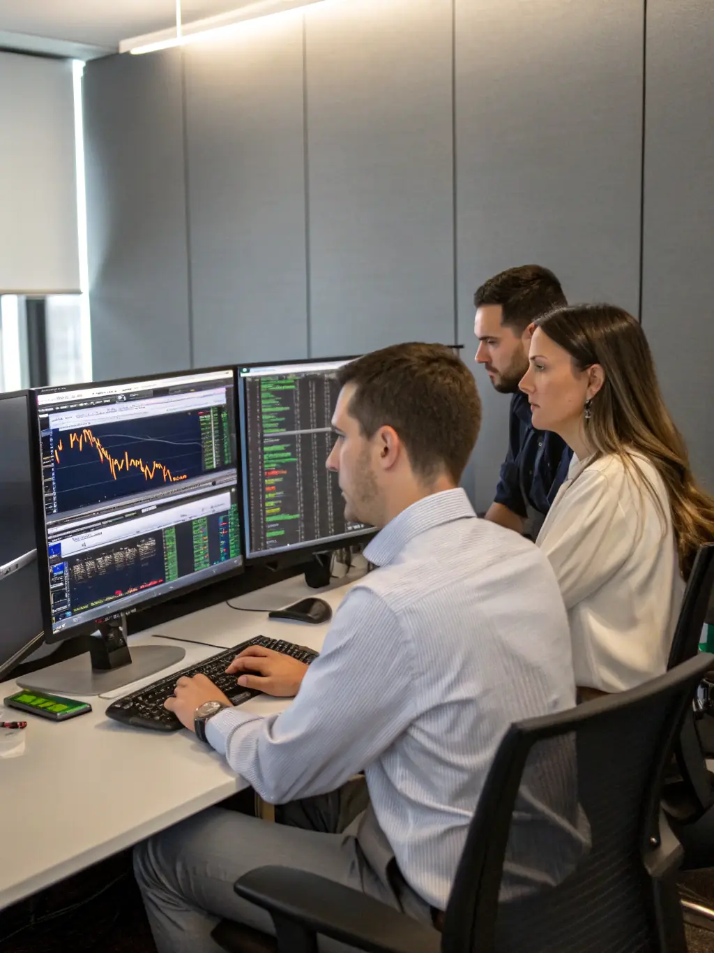 A modern office setting with a diverse team of analysts reviewing interactive market trend graphs and regional data visualizations on large digital screens, conveying a sense of collaboration and advanced analytics for real estate market research.