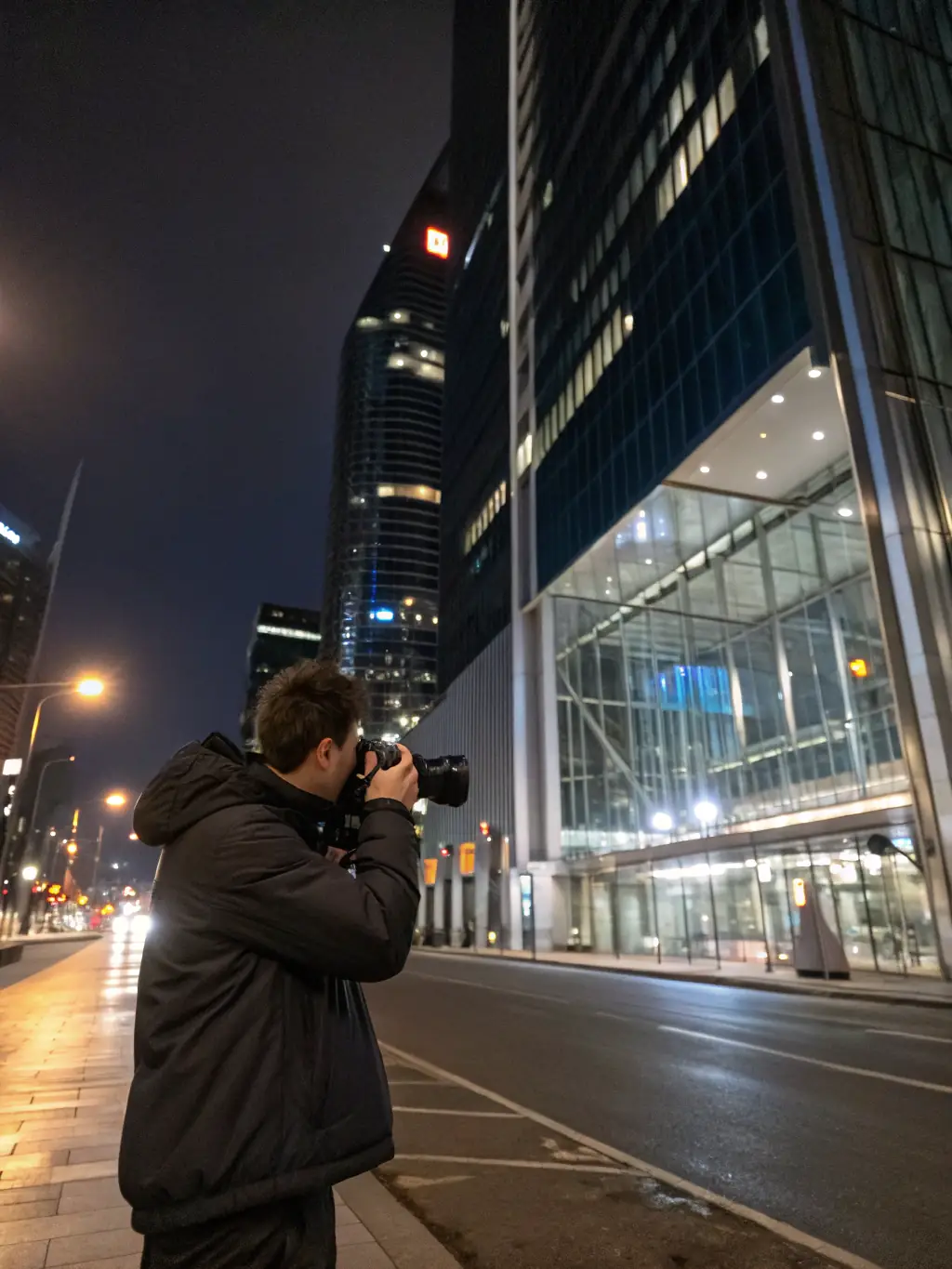 A professional conducting an on-site property inspection, using a tablet to verify building details and capturing photos, with a cityscape in the background.