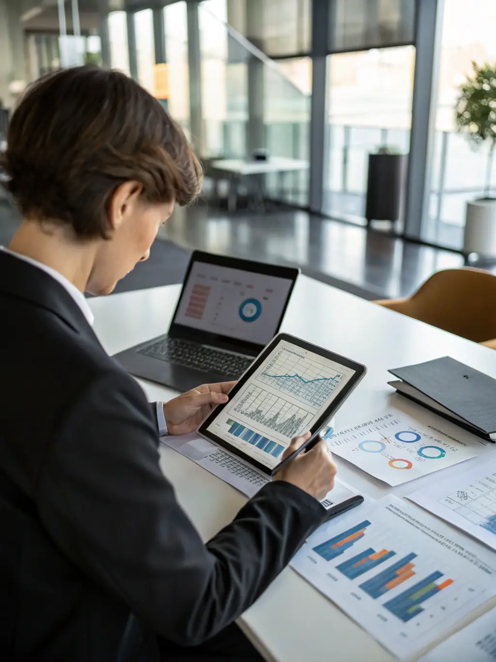 A professional analyst examining a printed report with risk variables and asset evaluation charts, with a laptop showing AYVRON’s proprietary risk assessment interface in the background.