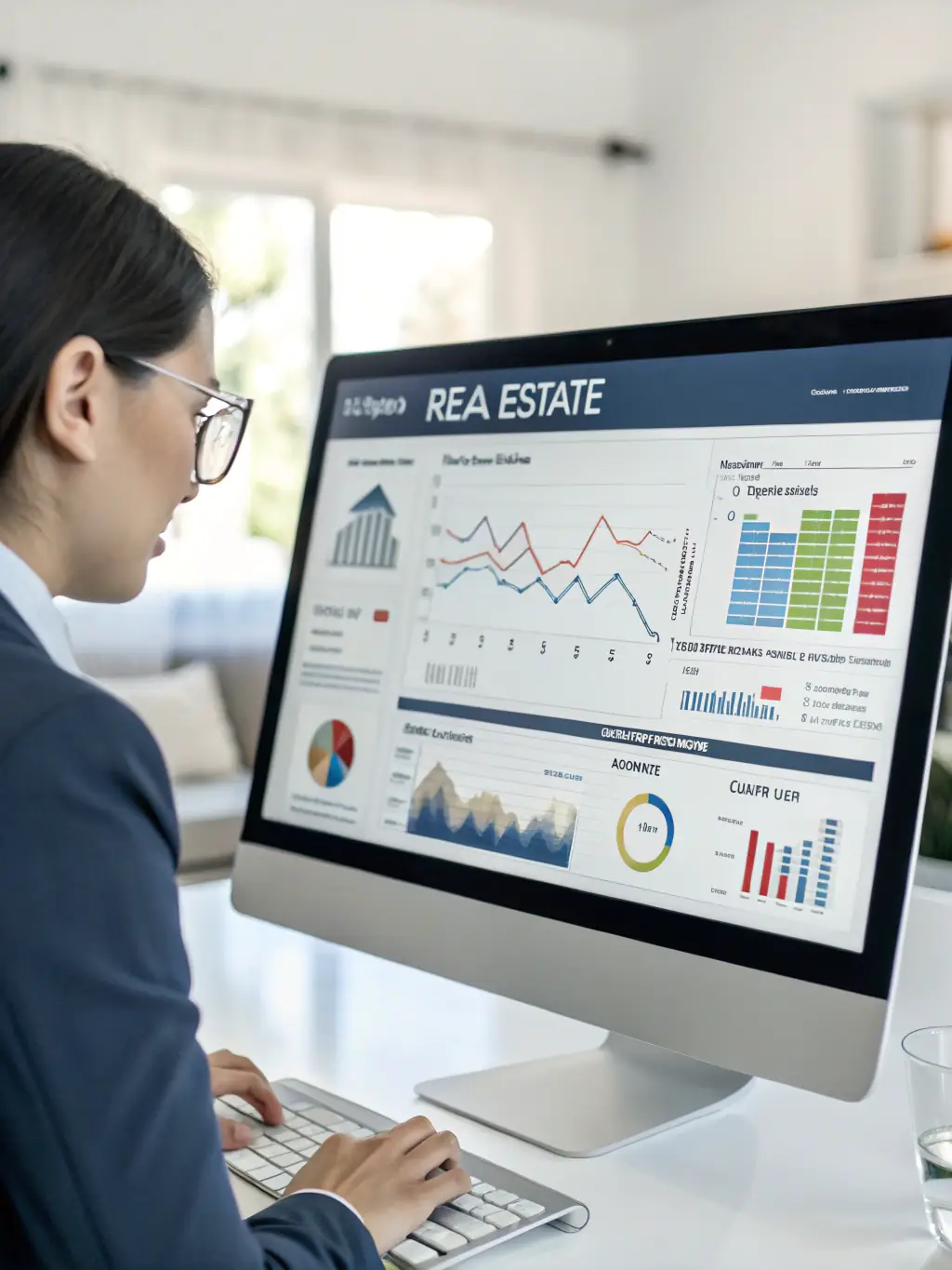 A close-up of a computer screen displaying a sophisticated valuation algorithm, with code, graphs, and property value predictions, set in a professional office environment.