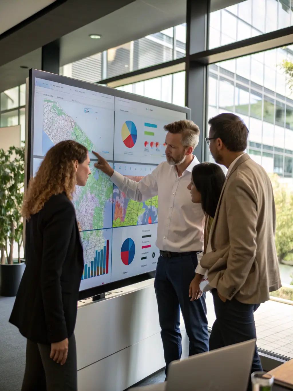 A team of analysts collaborating around a large digital display showing interactive risk assessment models and asset evaluation matrices.
