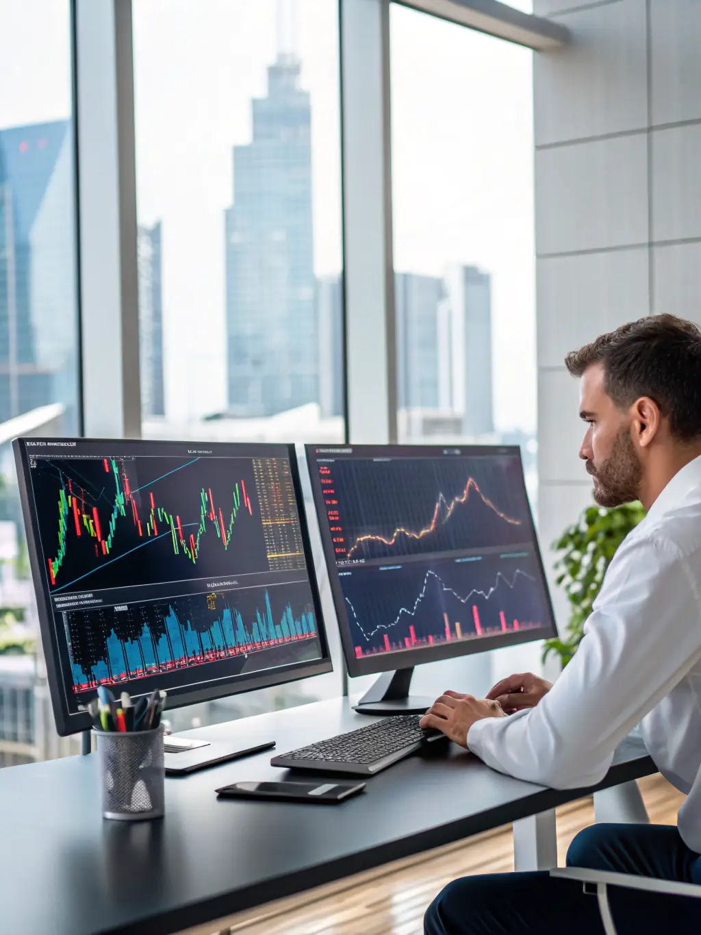 A risk analyst reviewing asset portfolios on a large screen, highlighting risk variables and stability metrics, symbolizing AYVRON's risk analysis and asset evaluation expertise.
